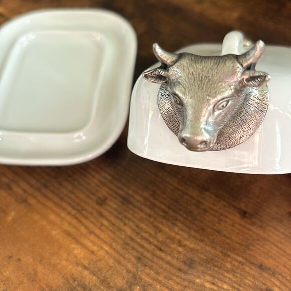 Pillivuyt France Porcelain Butter Dish With Silver Cow / Néw - Picture 5 of 8